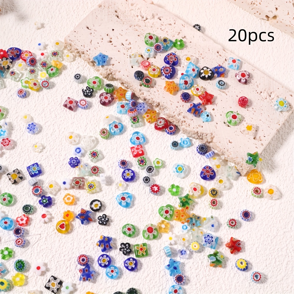 TEMU 20 Perline di vetro Millefiori colorate miste a forma irregolare di cuore, stella e per creare braccialetti, collane, orecchini, decorazioni per