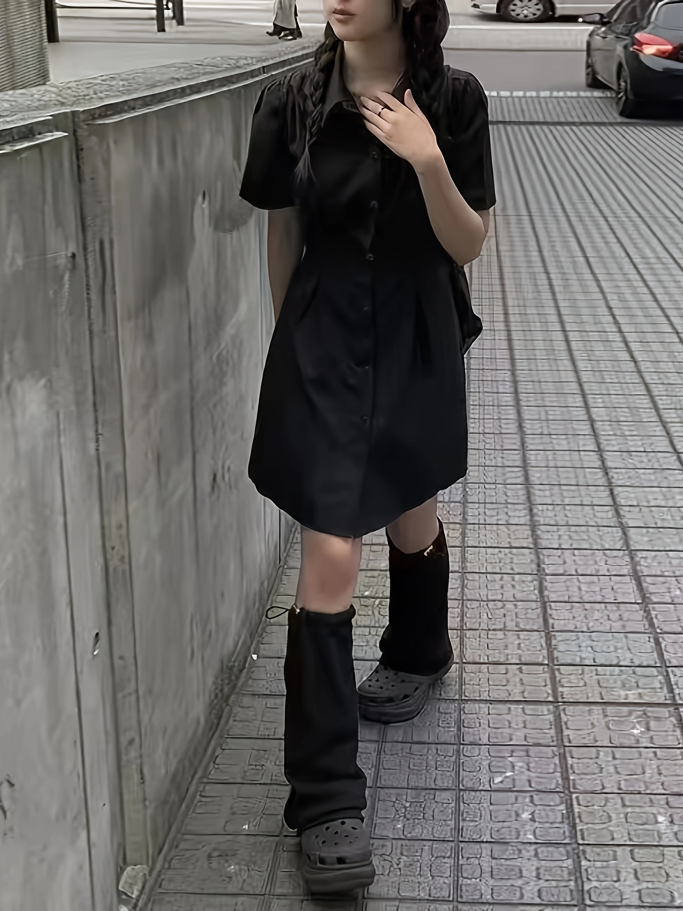black dress korean style dark fit pleated women's Short dress