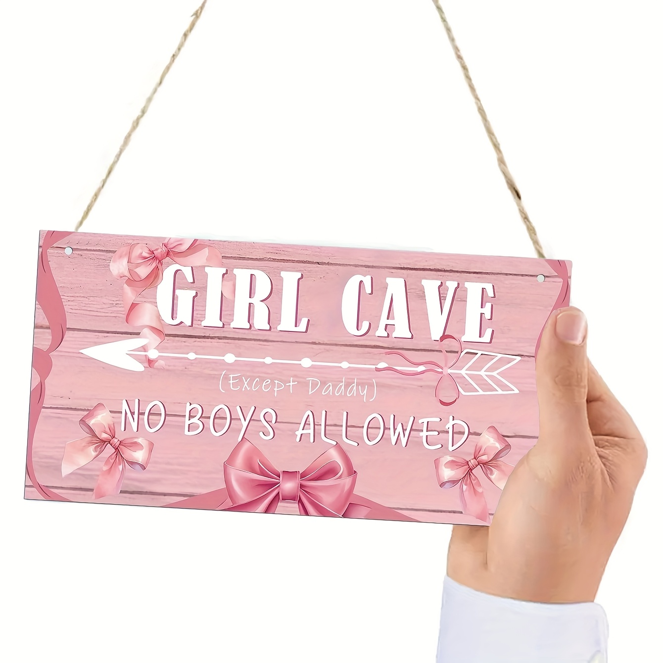 2D Flat, 1pc, Sign for a Cave, Wooden Wall Decoration with a Bow, Perfect Gifts for Fans of Pink, Decor for a Pink-Themed Room, No Boys Permitted Except for Dad in The Girls' Bedroom