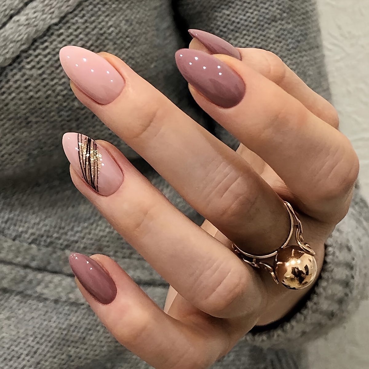 TEMU Upgrade Your Look With 24pcs Of Press-on Nails, Short Almond-shaped, Nude Elegant Temperament, Striped Glitter, Exquisite Design, Fake Nails,