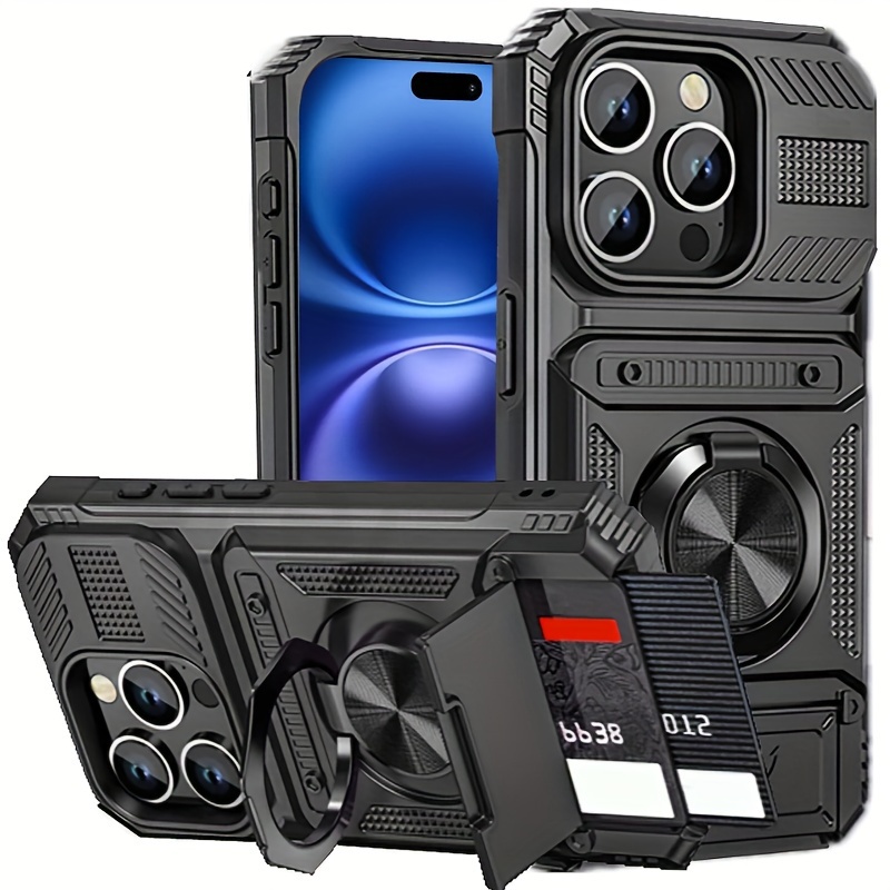 

Shockproof Heavy Duty Hard Phone Case With Metal Holder And Card Slot For 16 15 14