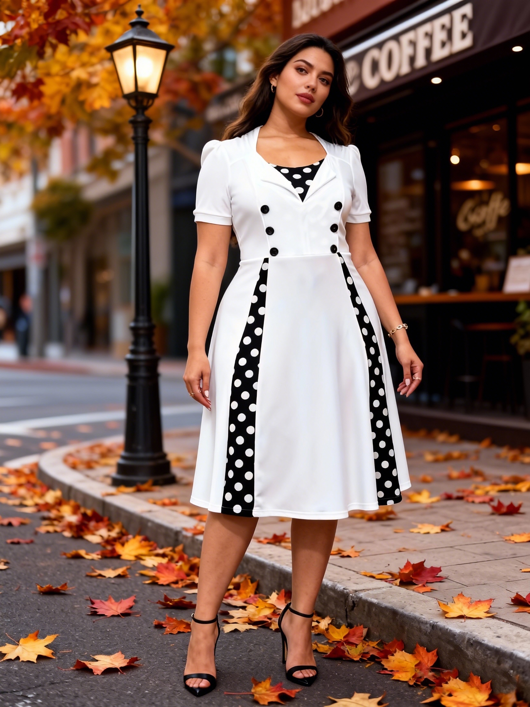 plus size - plus size - women's plus-size black and white polka dot dress  with contrasting wavy hem, ribbon bow decoration, puff sleeves, open back  slit, style - women' clothing - Temu