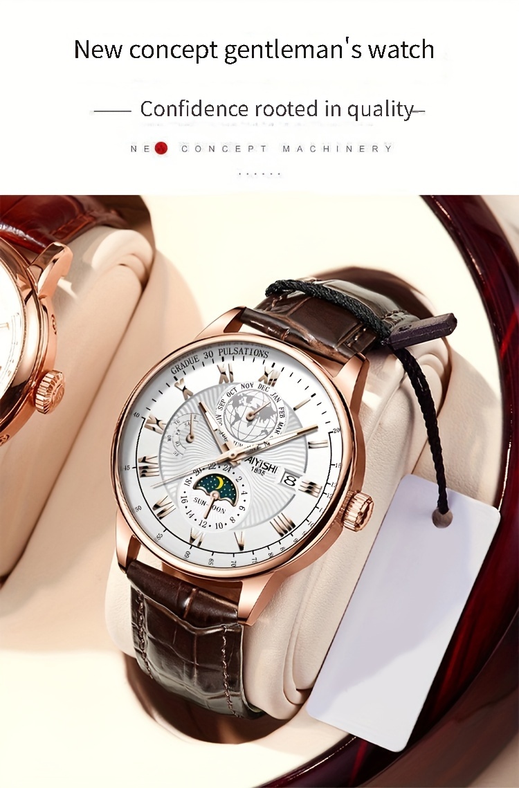 leisure pointer display pu leather strap with luminous calendar display for mens watches a gift for dad details 1
