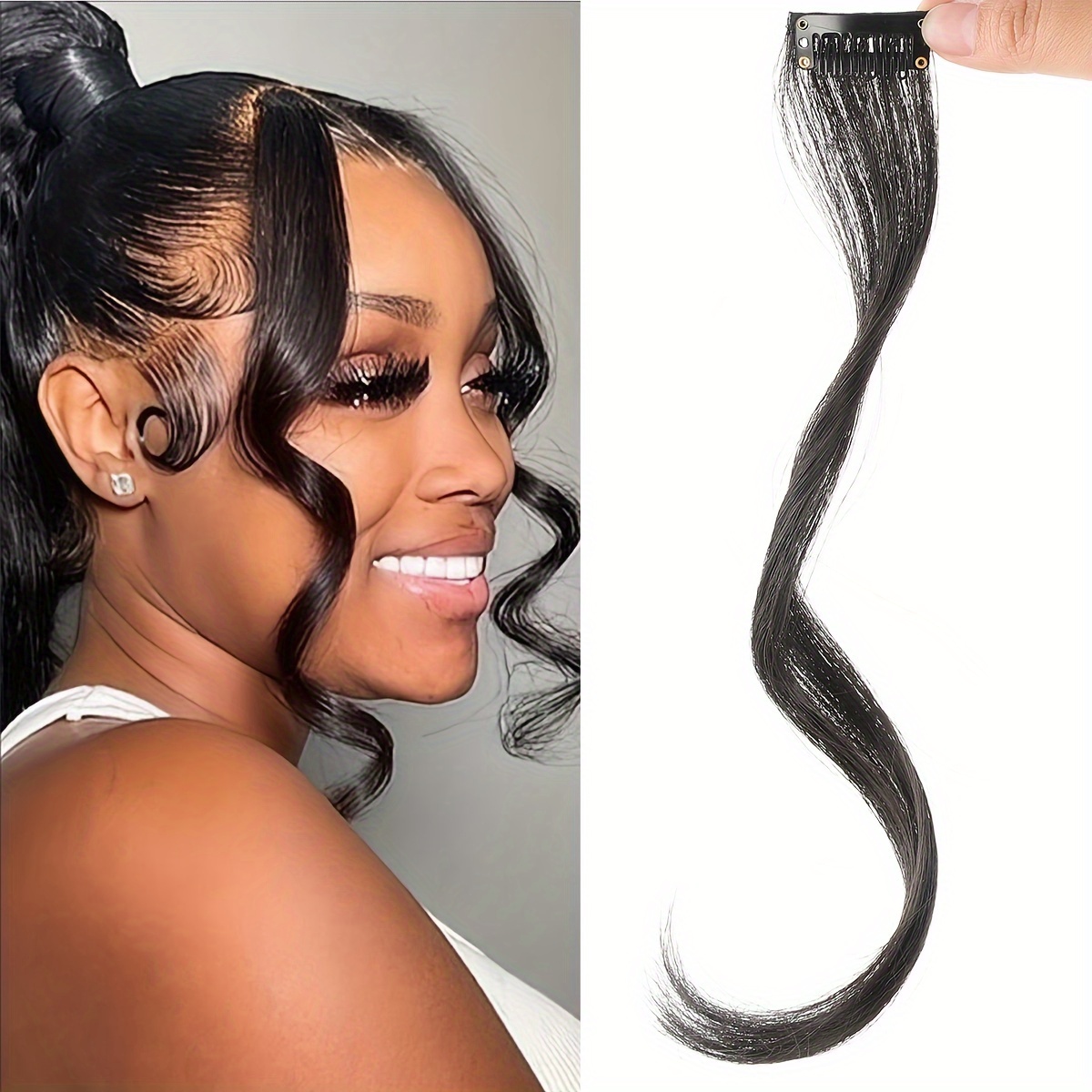 1pc elegant curly wave synthetic side bangs for women clip in wavy fringe hairpiece long hair extensions wig diy styling hair accessory details 0
