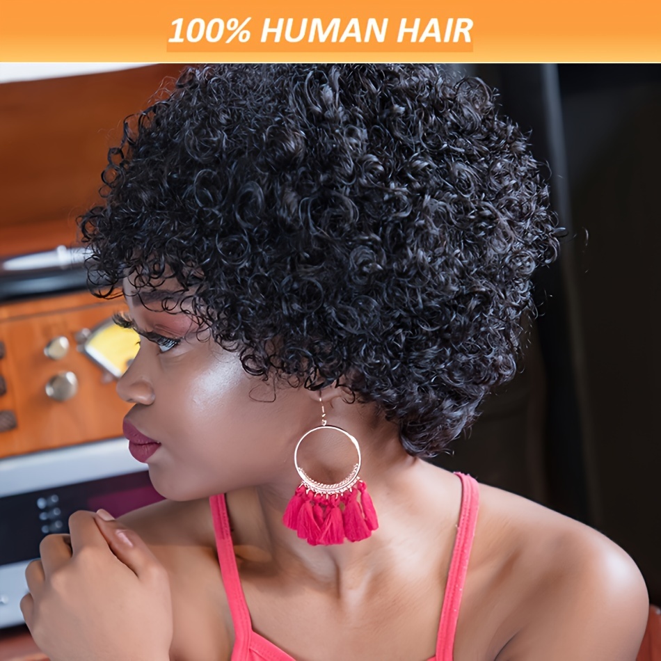

Afro Human Hair Wig With Bangs For Women - 180% Density Brazilian Remy Jerry Curly, Glueless Full Machine Made Pixie Cut, Rose Net Cap, Suitable For