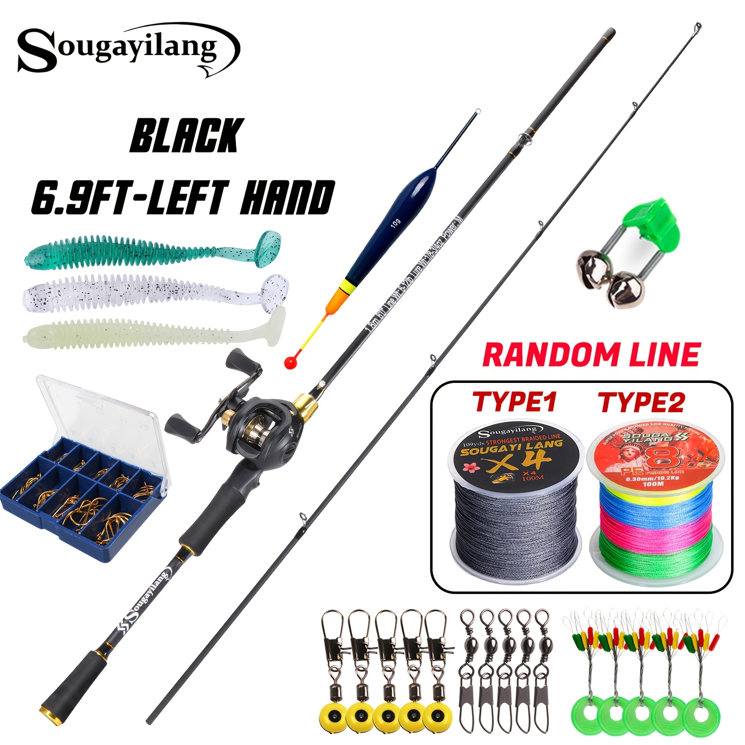 Image of Sougayilang Rod Reel Set 5.9-6.9ft Casting Fishing Rod 8.1:1 Gear Ratio Black Grey Baitcasting Reel With Line Bait Fishing Set For Fresh/saltwater Trout Angler Fishing Combos Set(line Bait Random)