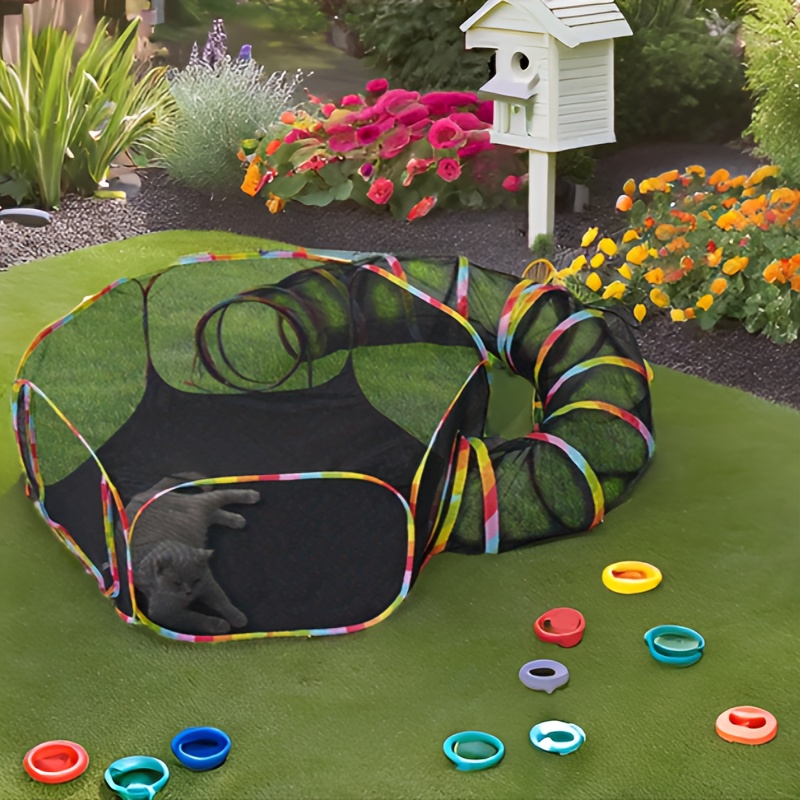Regenboogkleurige Zomer Buitenshuis en Binnen Mesh Huis voor Katten, Honden & Fretten – Ademend Polyester Veiligheidshuis met Tunnelsysteem, Eenvoudig in elkaar te zetten, Duurzaam & Draagbaar Ontwerp, Katent