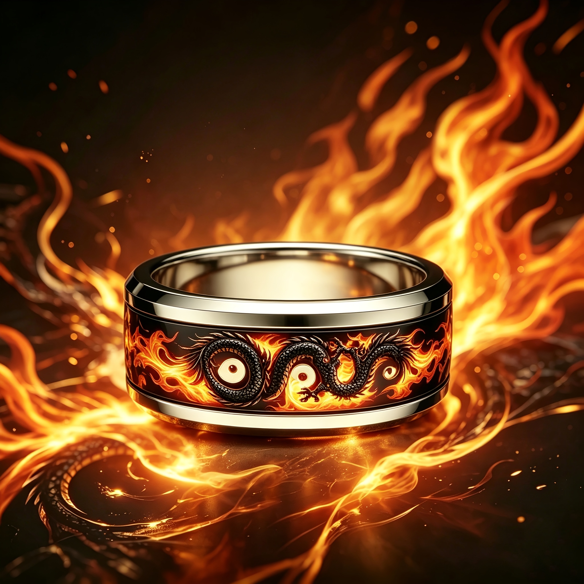 Chinese Style Flame Tai Chi Dragon Stainless Steel Ring