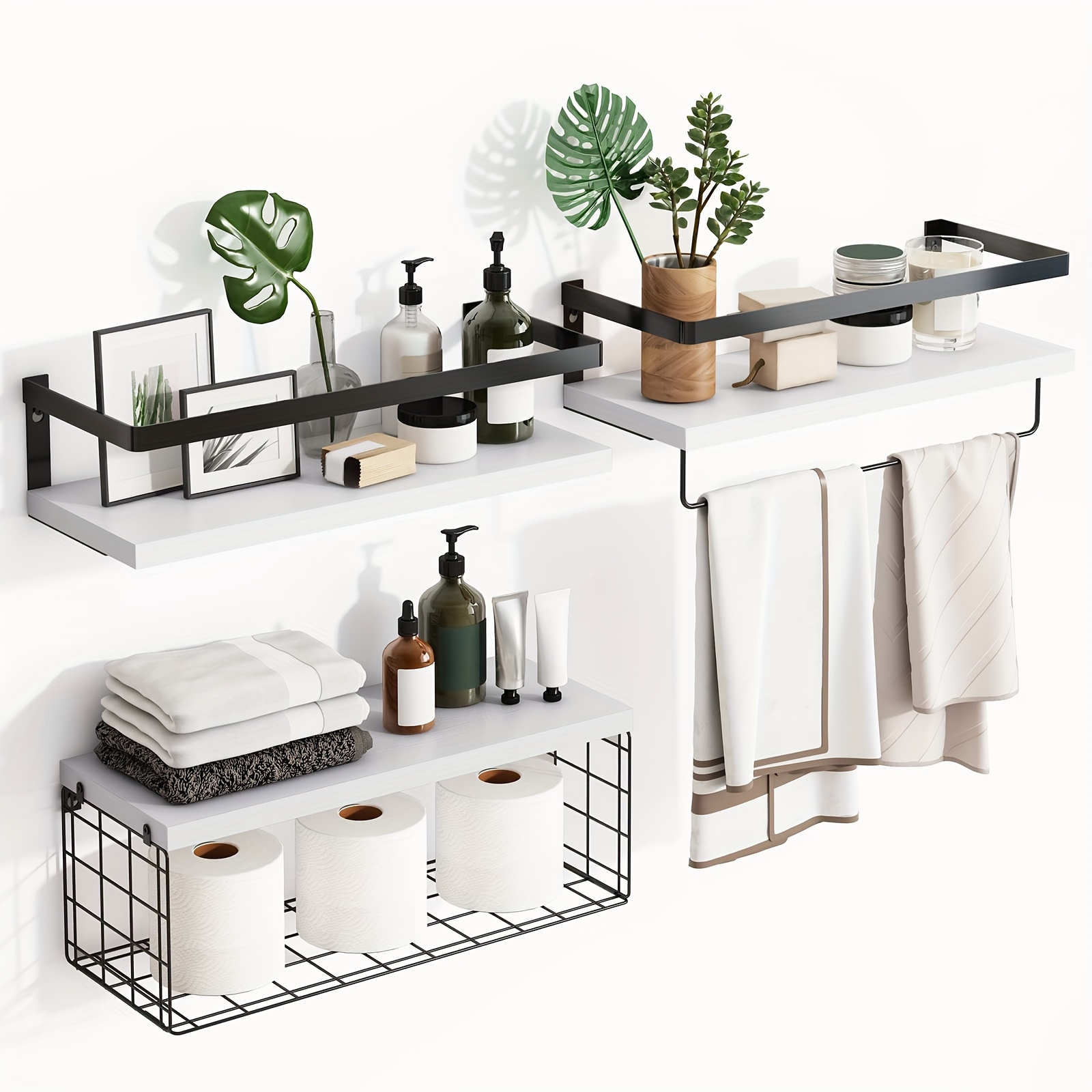 

3+1 Tier Wall Mounted Floating Shelves With Metal Frame, Bathroom Shelves Over Toilet With Wire Storage Basket, Meet Your Decoration And Organization Needs, For Bathroom, Kitchen (white)