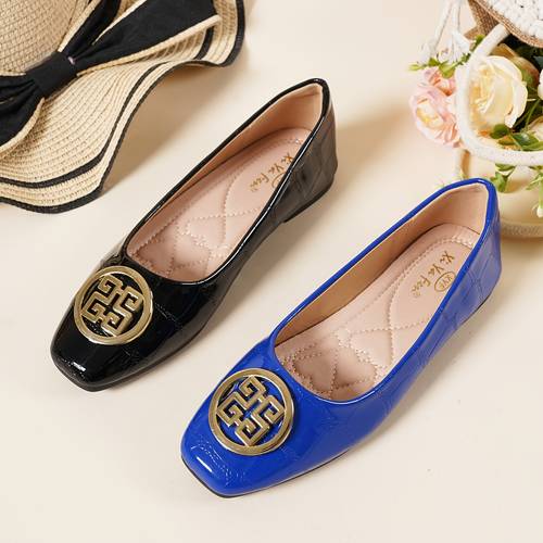 item picture elegant glossy square toe flat low cut single shoe exquisite round decorative embellished spring summer outing date shopping all match style women shoes