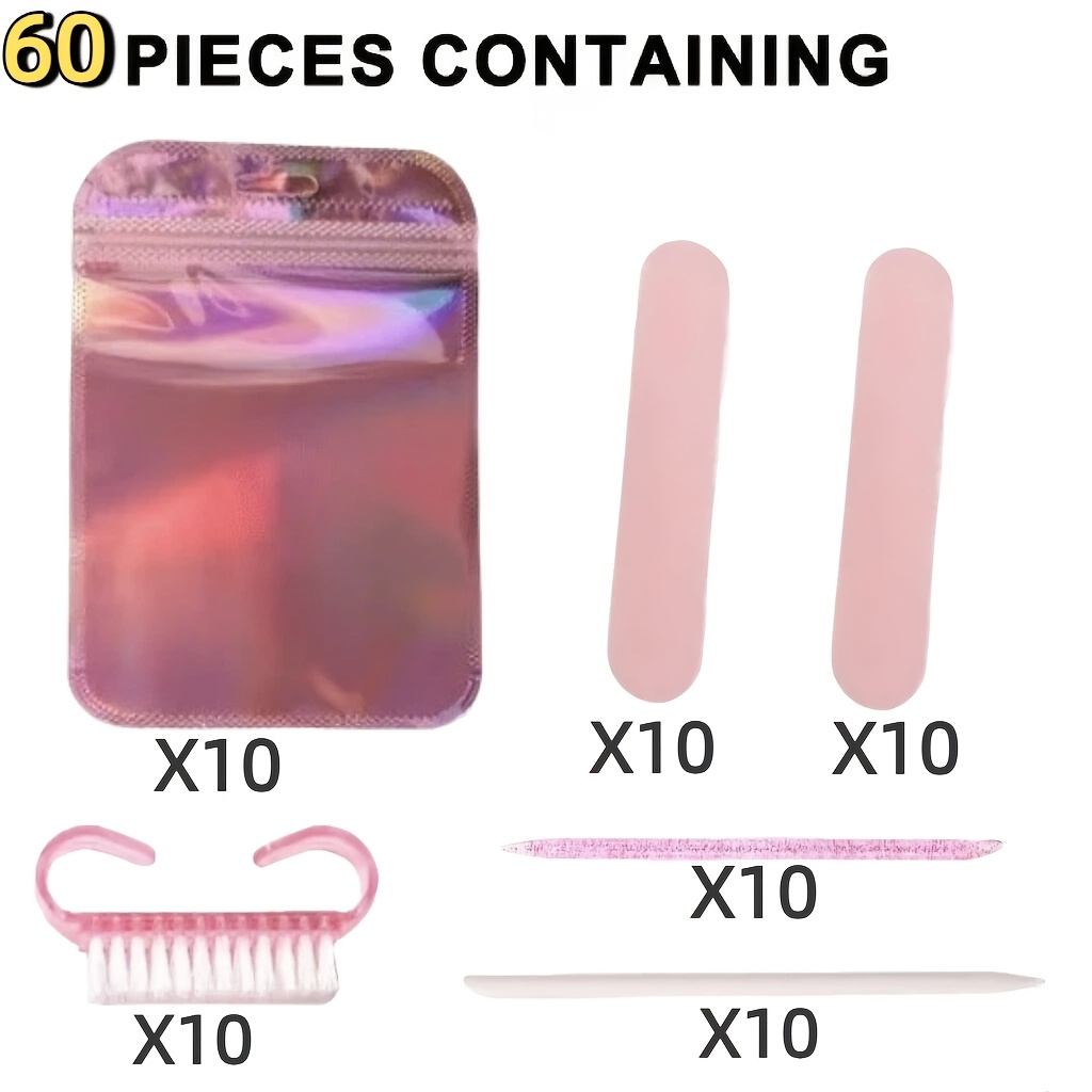 TEMU 60pcs Nail Care Tools - Cleaning Brush, Oval Polishing Block, Cuticle Pushers, Pink Polishing Crystal Stick, Pink Laser Bag, Suitable For Daily