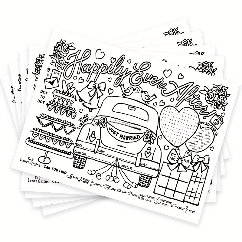 E-shop 10 Stück Hochzeitsaktivitäten-Tischsets und Malbücher - Hochzeits-Wortverwirrspiele, Zahlen-Spiele, Herz- und Kuchenmuster, interaktive