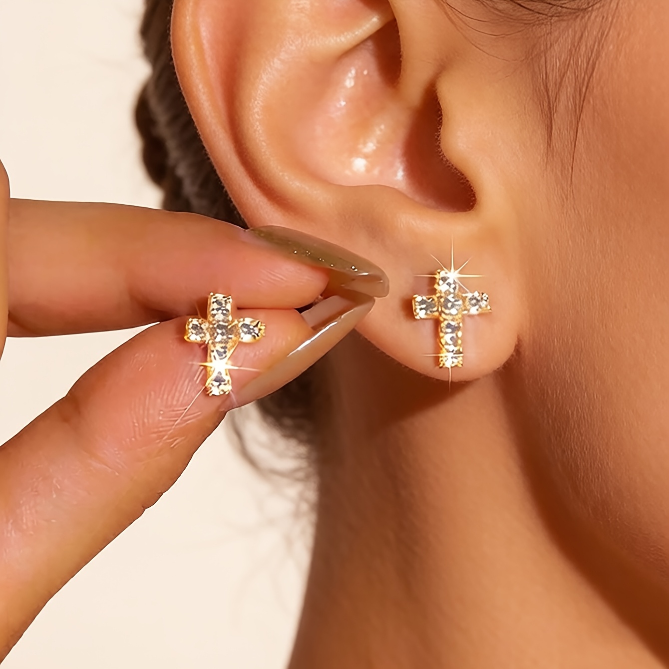 Image of 1 Pair Golden Rhinestone Cross Earrings Suitable For Women, Cross Studs, Elegant Daily Wear & Special Occasion Jewelry, Versatile Ear For Church, Weddings, Parties