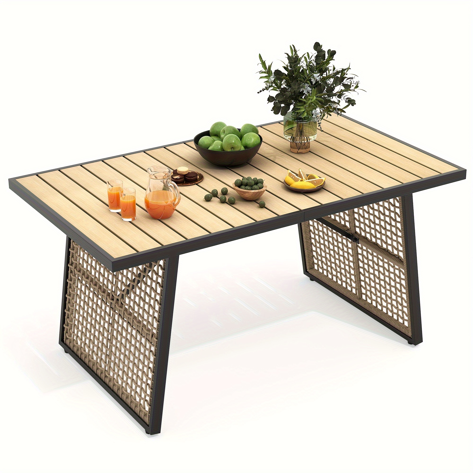 

4 Person Patio Outdoor Dining Table Faux Wood Tabletop Metal Edges W/ Weave Mesh