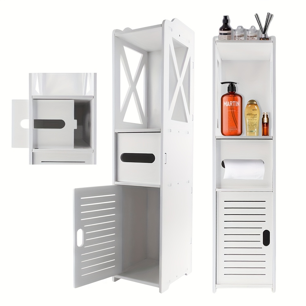 Image of Slim Storage Unit For The Bathroom, Featuring A Door And Shelves, Designed To Stand . This Freestanding Cabinet Is Perfect For Organizing Toilet Paper And Other Items, Finished In White