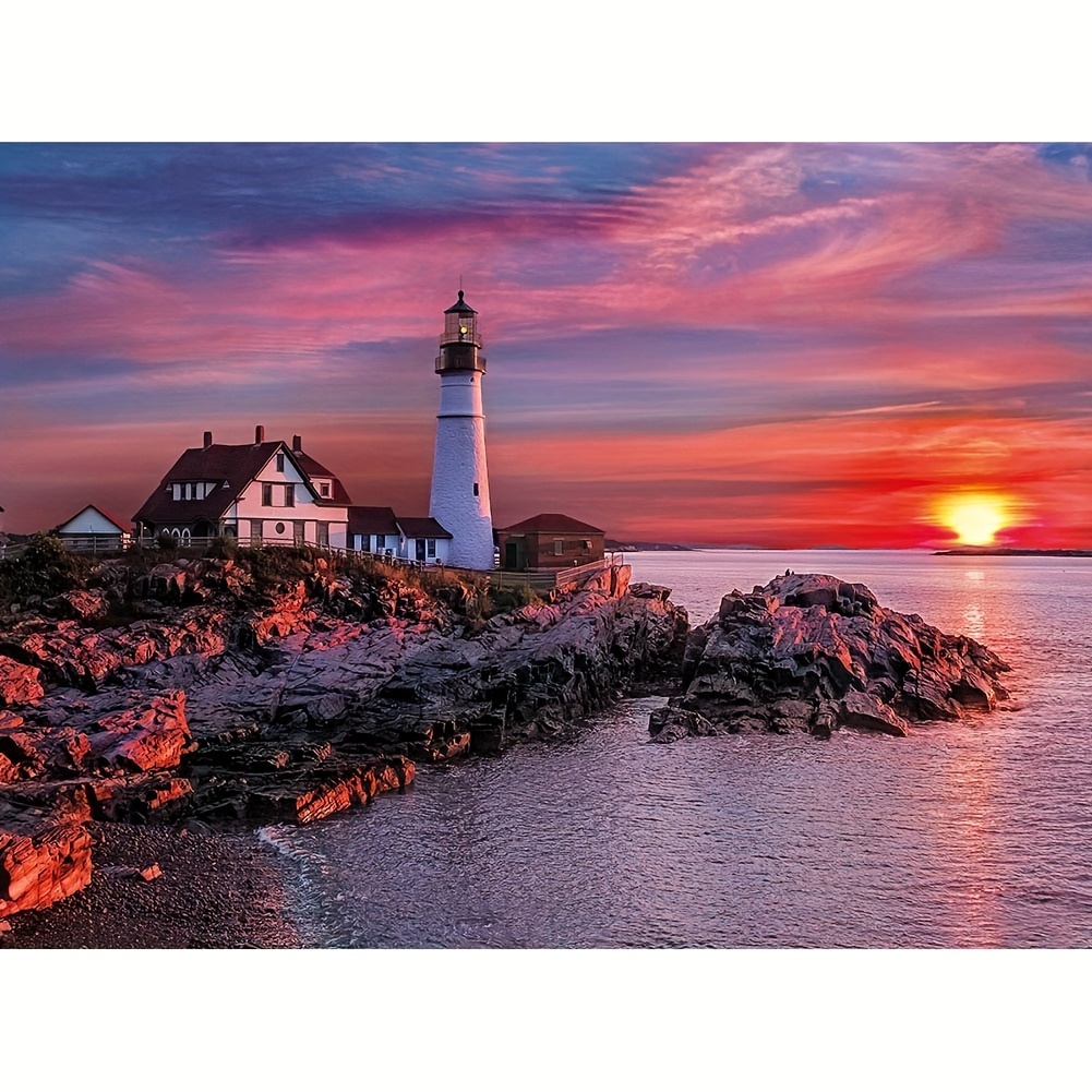 

1pc 40*50cm/ 15.8 * 19.7in Diy 5d Set Lighthouse Sunset Pattern Full Diamond Round Diamond Art Embroidery Picture Art Craft For Wall Decoration