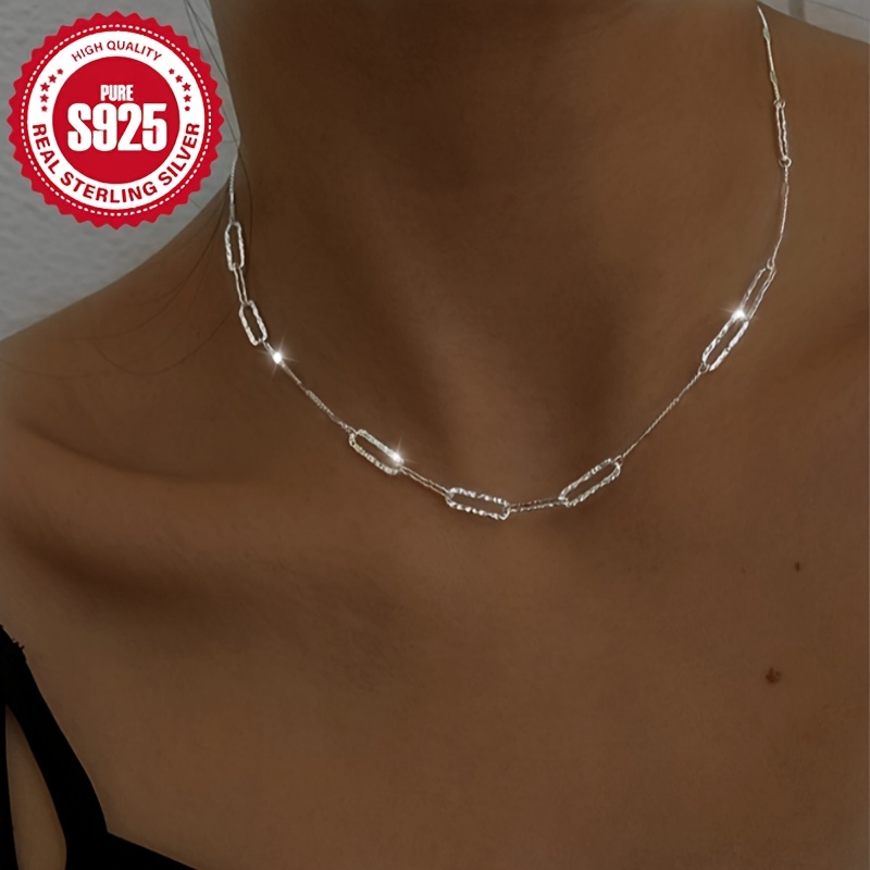 

Elegant S925 Sterling Silver Chain Necklace For Women, Minimalist Shining Spliced Chain Design Clavicle Necklace, 2.5g/0.09oz, Daily Wear Jewelry