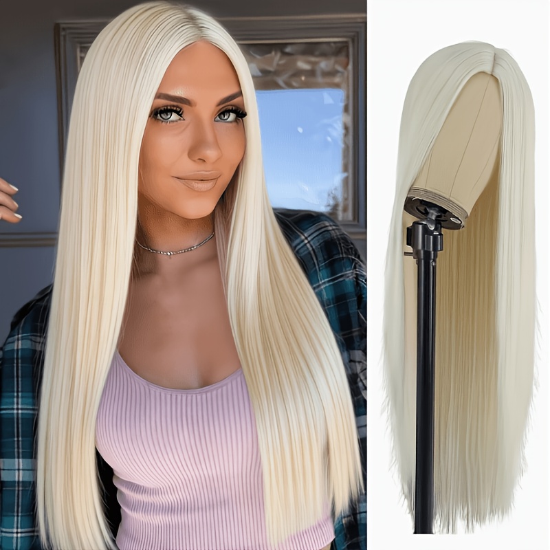 TEMU Perruque longue et lisse dorée pour femmes, 66 cm (26 pouces) en fibre synthétique haute température, style à parting , , convient pour les jeux