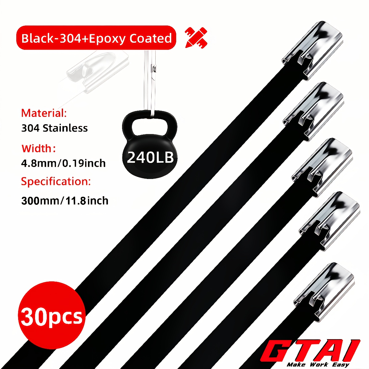 E-shop Metall-Kabelbinder schwarz 7,9 Zoll/11,8 Zoll/15,7 Zoll/19,7 Zoll/23,6 Zoll 240 lb 30 Stück Hochleistungs-304 Edelstahl Epoxid-beschichtete