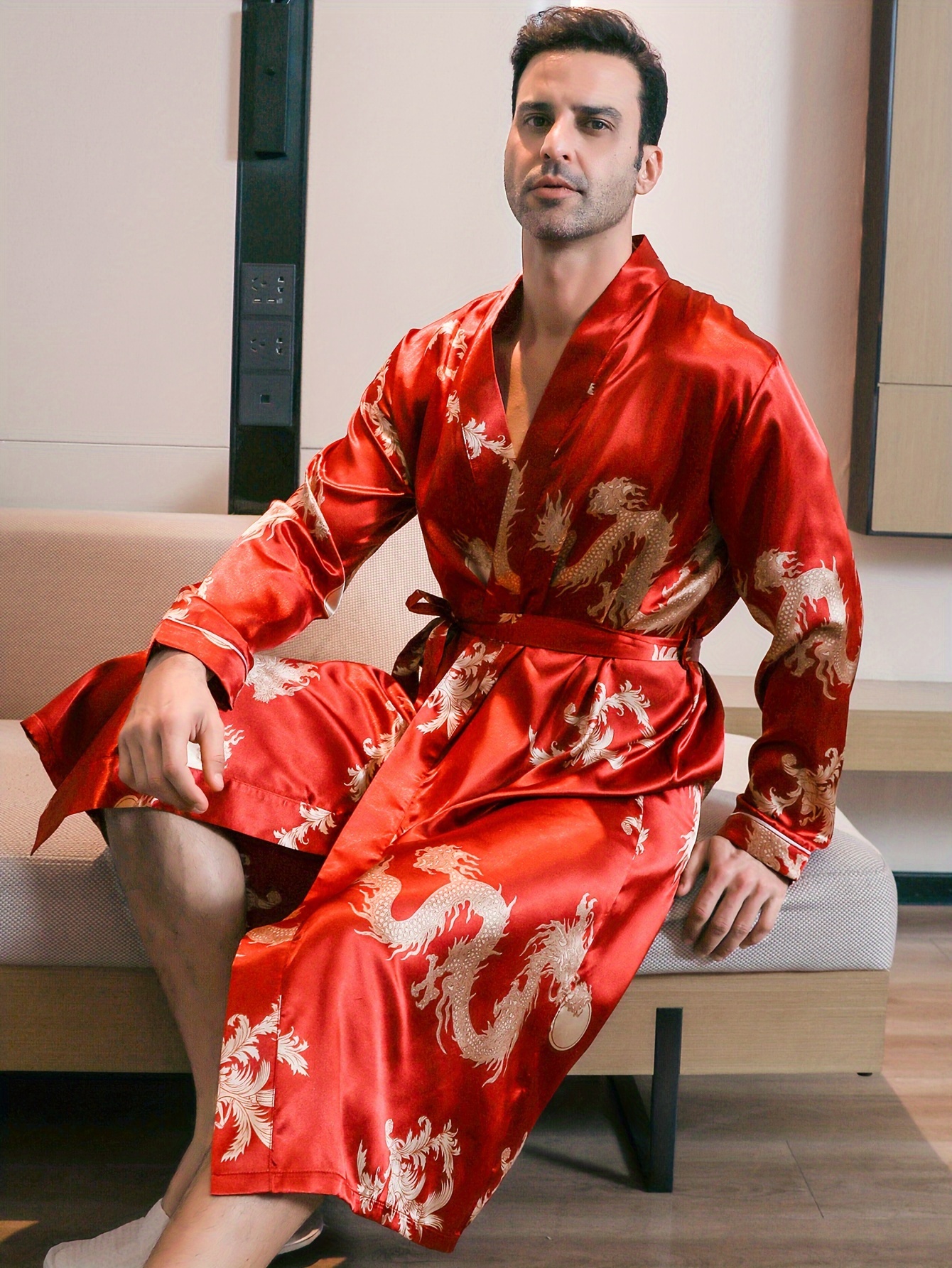 Chinese Traditional Silk Satin Sleep Robe Men Dragon Embroidery Summer  Bathrobe