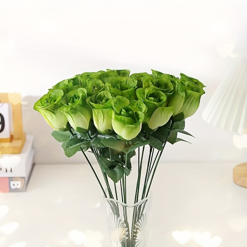 

16pcs Artificial Green Roses Bouquet - Plastic Fake Flowers For Wedding, Valentine's Day, Day, Home & Outdoor Decor - Christmas, Halloween, Easter, Thanksgiving - Floral Arrangement Without Vase