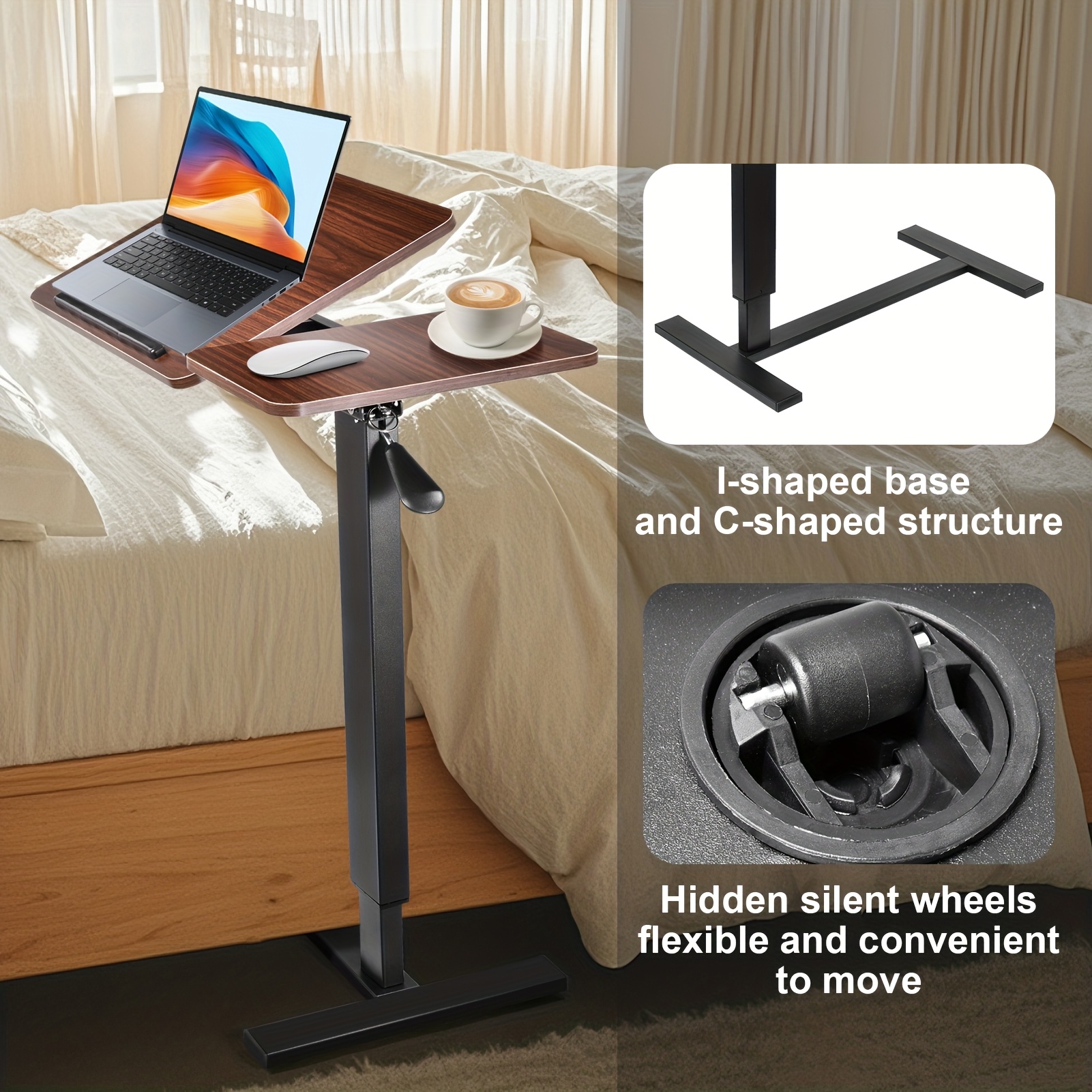 mobile bedside storage unit height adjustable sit stand workstation pneumatic lift computer desk portable laptop table 80 116cm rotating rolling laptop holder ergonomic standing desk for home and office use 2