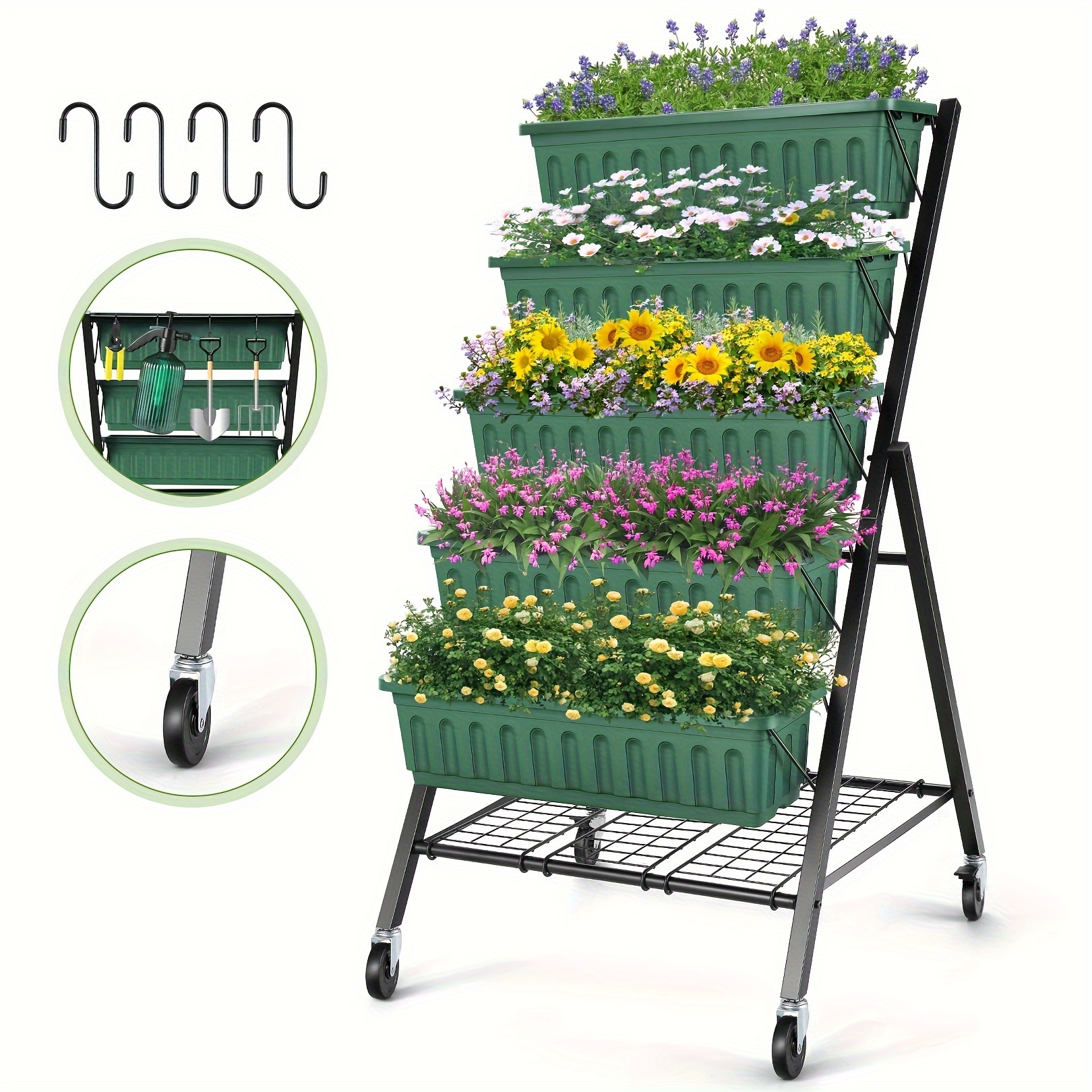 

4 Ft Vertical Garden With Removable Locking Wheels 5-tier Raised Garden Bed Planter Box For Patio Outdoor Planting Flower Freestanding Garden Planter With Storage Shelf