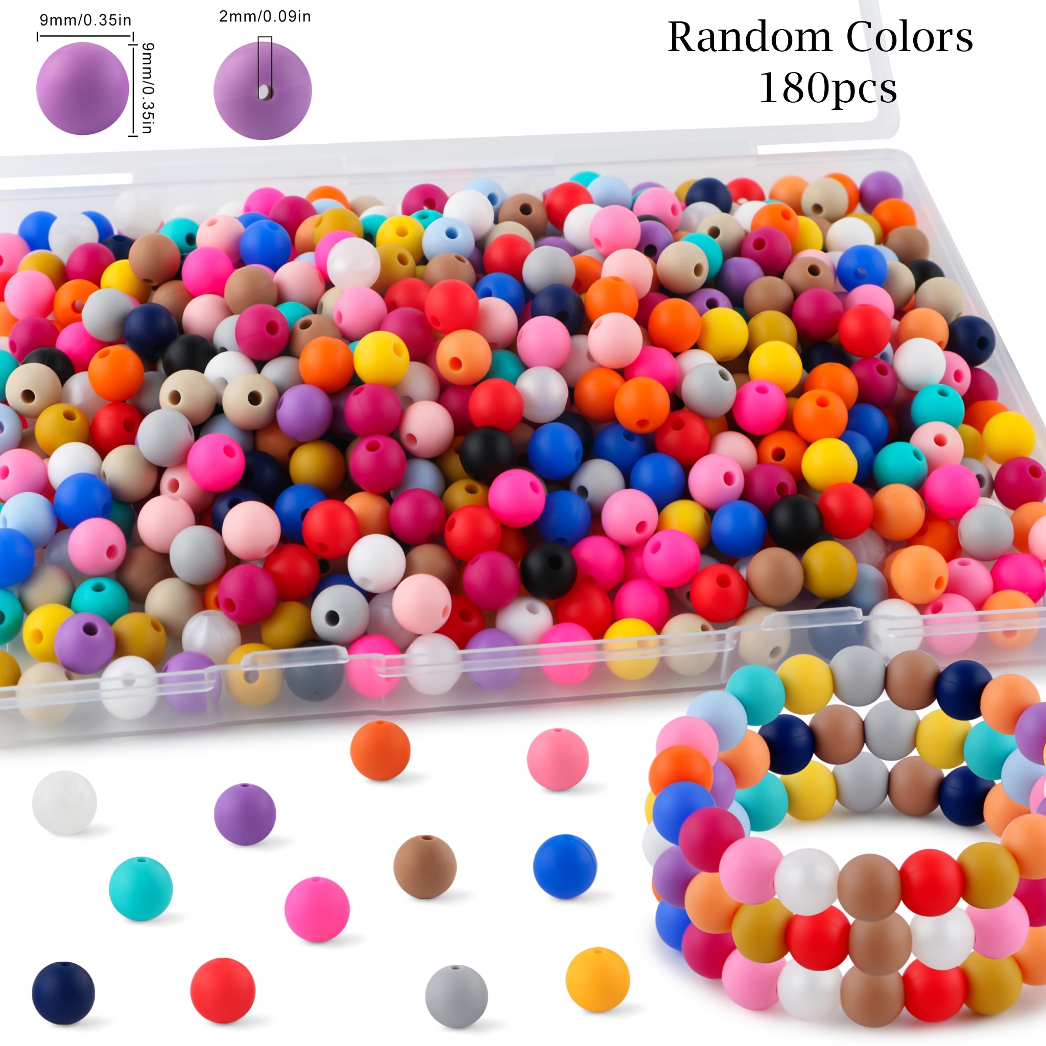 TEMU 180pcs Beads & Bead Assortments 9mm Solid-colored Round Silicone Beads, Random Mix Colors (black, White, Blue, Orange, Green, Pink, Red, Yellow,