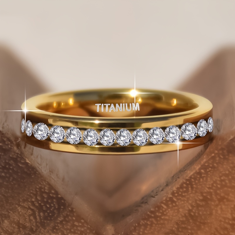 Golden Titanium Steel Ring 4mm Wide Women's Ring Synthetic Zirconia Ring Best Gift Jewelry