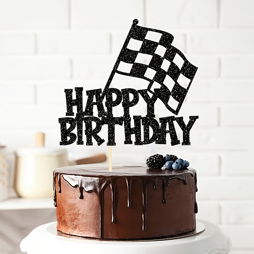 TEMU 1pc Race Car Cake Topper Black Glitter Checkered Flag Happy Birthday Cake Pick Racing Car Cake Decoration For Theme Birthday Party Cake