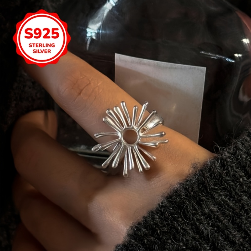 925 Silver Flower Ring Geometric Design Adjustable Vintage Style