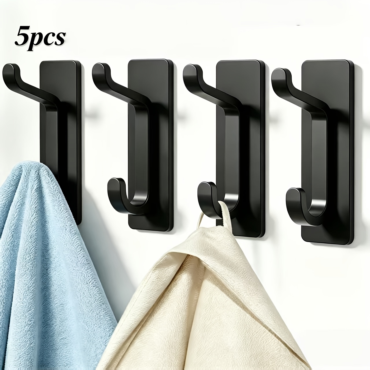 TEMU 5pcs Self-adhesive Wall Hooks, 2 Colors (white, Black) For Bathroom And Kitchen, Utility Hooks For Coats And Robes, No-drill Wall Mounts, Strong