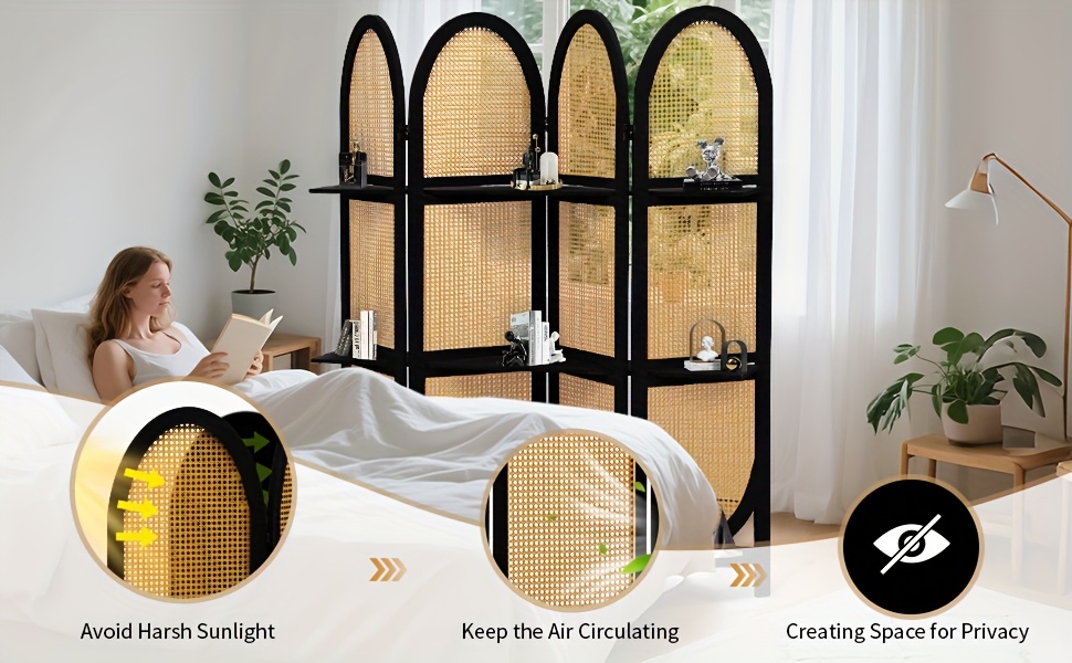 Four-Panel Wooden Room Divider, Collapsible with a Hand-Woven Rattan Privacy Screen - Room Partitions Featuring Three Display Shelves, Ideal for Home, Office, Study, Or Art Exhibitions