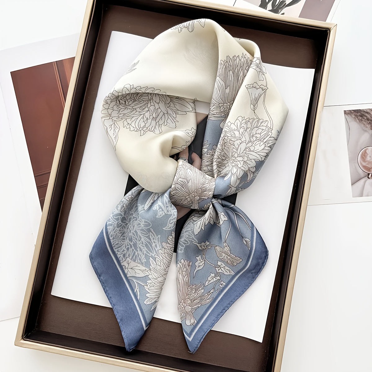 Classic Floral Pattern Square Scarf, In Blue And Pink, With A Y Texture. Versatile Use As A Headscarf, Neck Scarf, Or Shawl. Suitable For