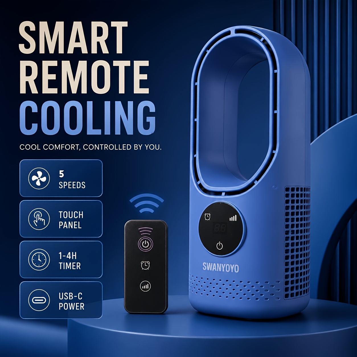 TEMU Portable Bladeless Tower Fan With Remote Control, Usb-powered Desktop Touchscreen Fan, 6-, Wide-angle Surround Air Outlet, Intelligent Timer,