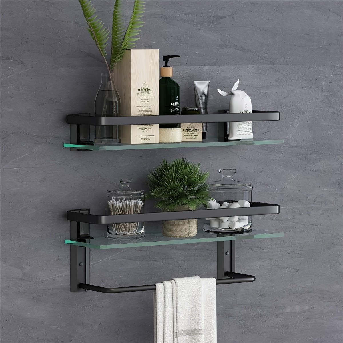 

Glass Bathroom Shelf With Towel Bar 15.7in Bathroom Wall Shelves Rustproof Metal Bathroom Wall Organizer 2-tier (black)