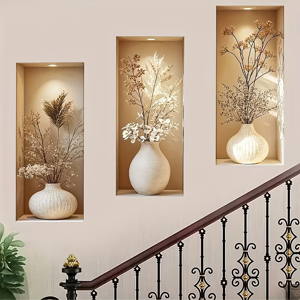 TEMU 1 Set Of 3pcs - Style Three-dimensional Vase With Dried Flowers Visual Wall Sticker, Self-adhesive With No Residue, Faux Niche Light And Shadow