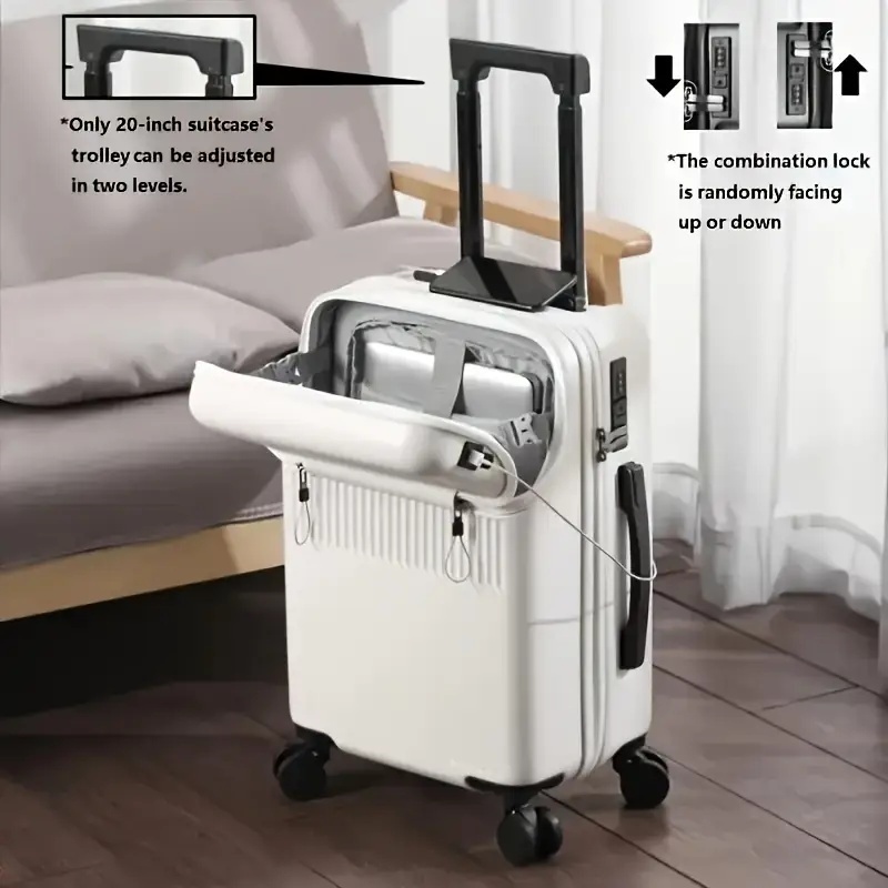 TEMU Valise multifonctionnelle 20" avec porte-gobelet et port USB - Matériau ABS, roulettes pivotantes, serrure TSA, grande capacité, séparation