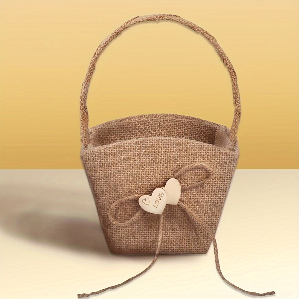 

Burlap Flower Girl Basket With Romantic Love Heart Bowknot And Handle For Wedding Celebration - Pack Of 1