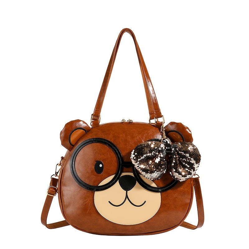 Cute Face Cartoon Tote Bag With Bow Charm - Large Capacity For Women, Light Brown/pink/yellow, Whimsical Design With Glasses & Zipper Closure, Daily Use Accessory | Stylish | Soft Texture