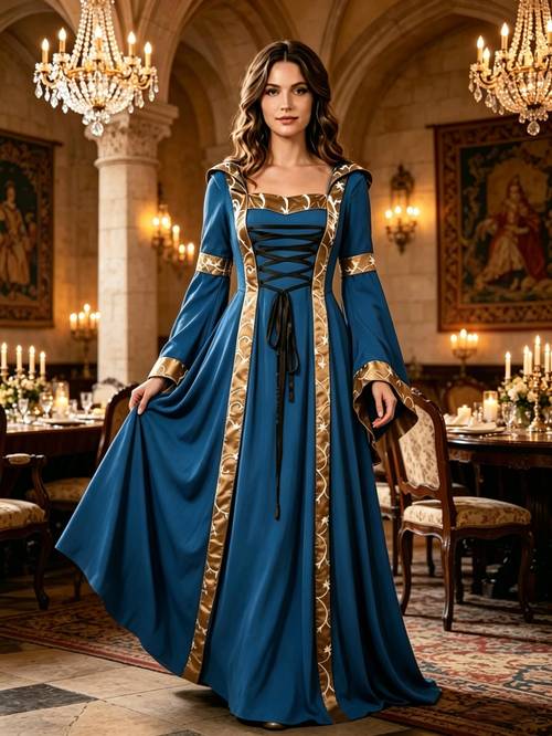 medieval renaissance hooded dress square neck lace up bell sleeve maxi dress vintage victorian long gown for women cosplay party costume