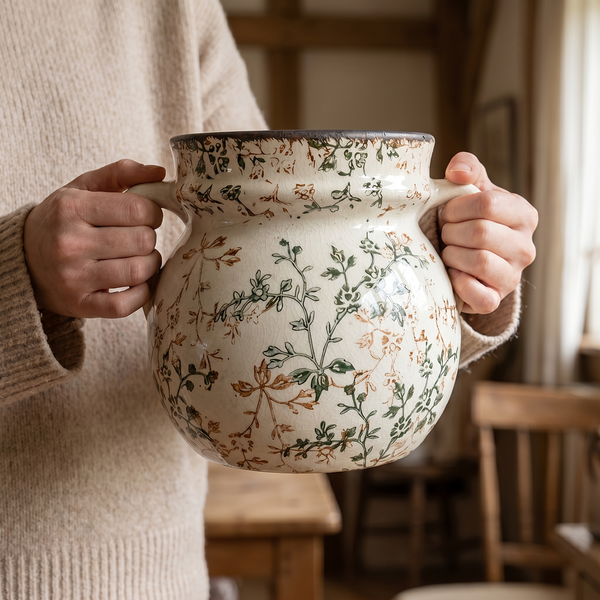 TEMU Vintage Double-handled Vase With Ice-crackle Glaze & Hand-painted Vine/floral - Farmhouse Rustic Storage Jar Suitable For Balcony, Shelf Decor,