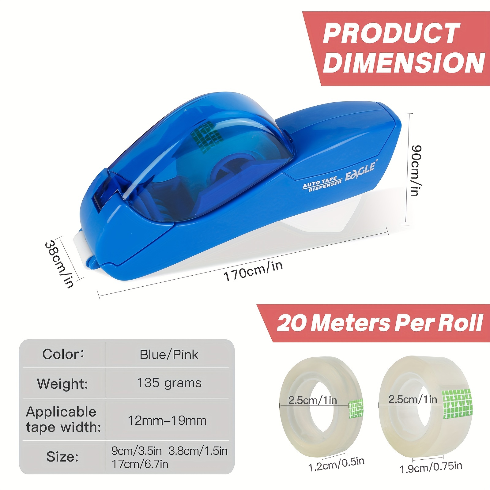 A Handheld Automatic Tape Cutter, Including 6 Rolls of Replacement Tape, a Tape Gun, Suitable for Tapes 1/2