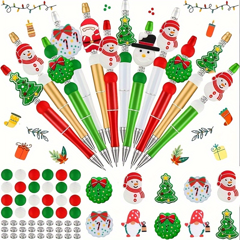 

Christmas Beadable Pen Kit - 55-piece Colorful Diy Pen Set With 8 Bead Pens, 23 Silicone Beads & 24 Crystal Charms, Craft Jewelry Making Supplies For Festive Holiday Gifts