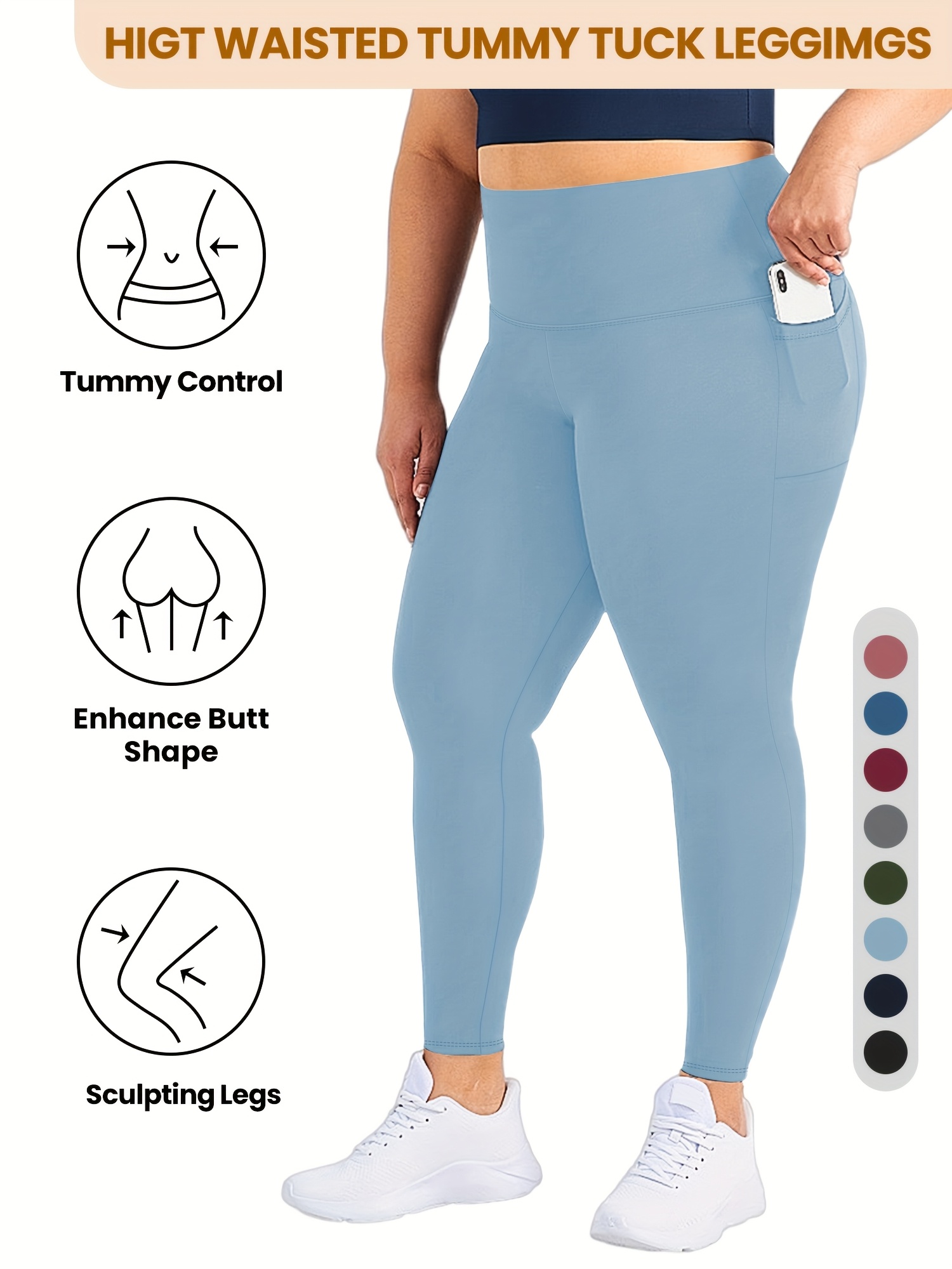 Plus Size High Waist Yoga Pants with Side Pockets - 88% Polyester 12% Elastane Stretchy Tummy Control Leggings, Sculpting Workout Gym Activewear for Women, All-Season Comfort (Machine Washable)