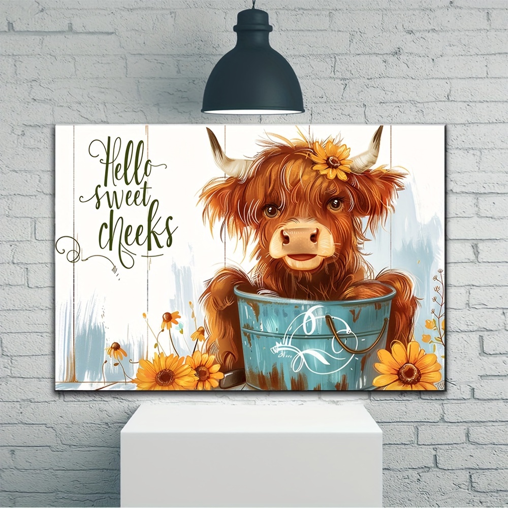 

1pc Wooden Framed Canvas Painting Highland Cow & Flowers Wall Art Prints For Home Decoration, Living Room, Bedroom, Bathoom & Bathtub, Festival Party Decor, Gifts, Ready To Hang