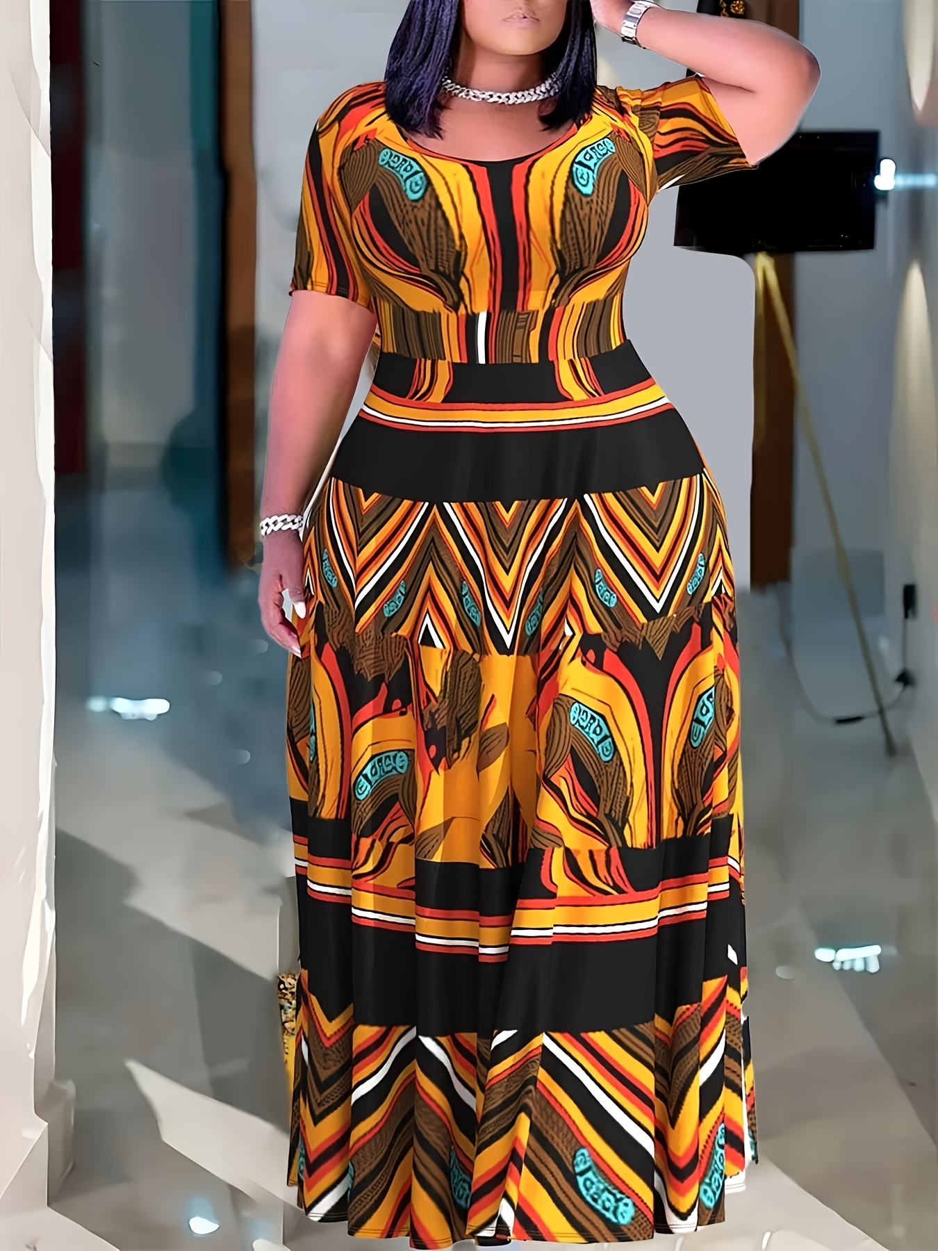 plus size, new short-sleeved v-neck dress, casual and comfortable for  summer, featuring african-style element pattern printing - women' clothing  - Temu
