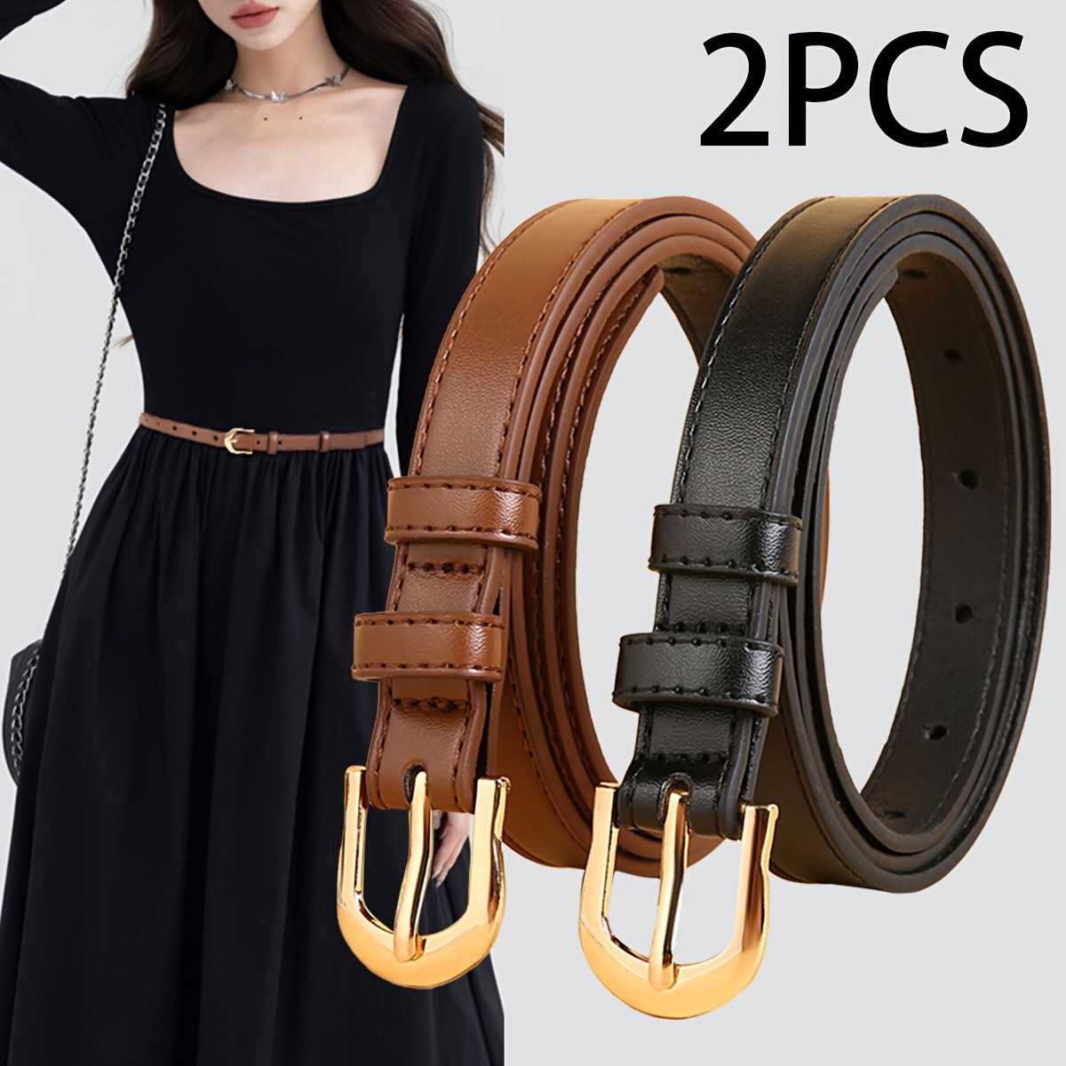 E-shop 2 Stück Neue Hufeisenförmige Legierungsschnalle Damen Casual PU-Gürtel, Mehrere Farben Größen Verfügbar, Geeignet für Partys, Pendeln