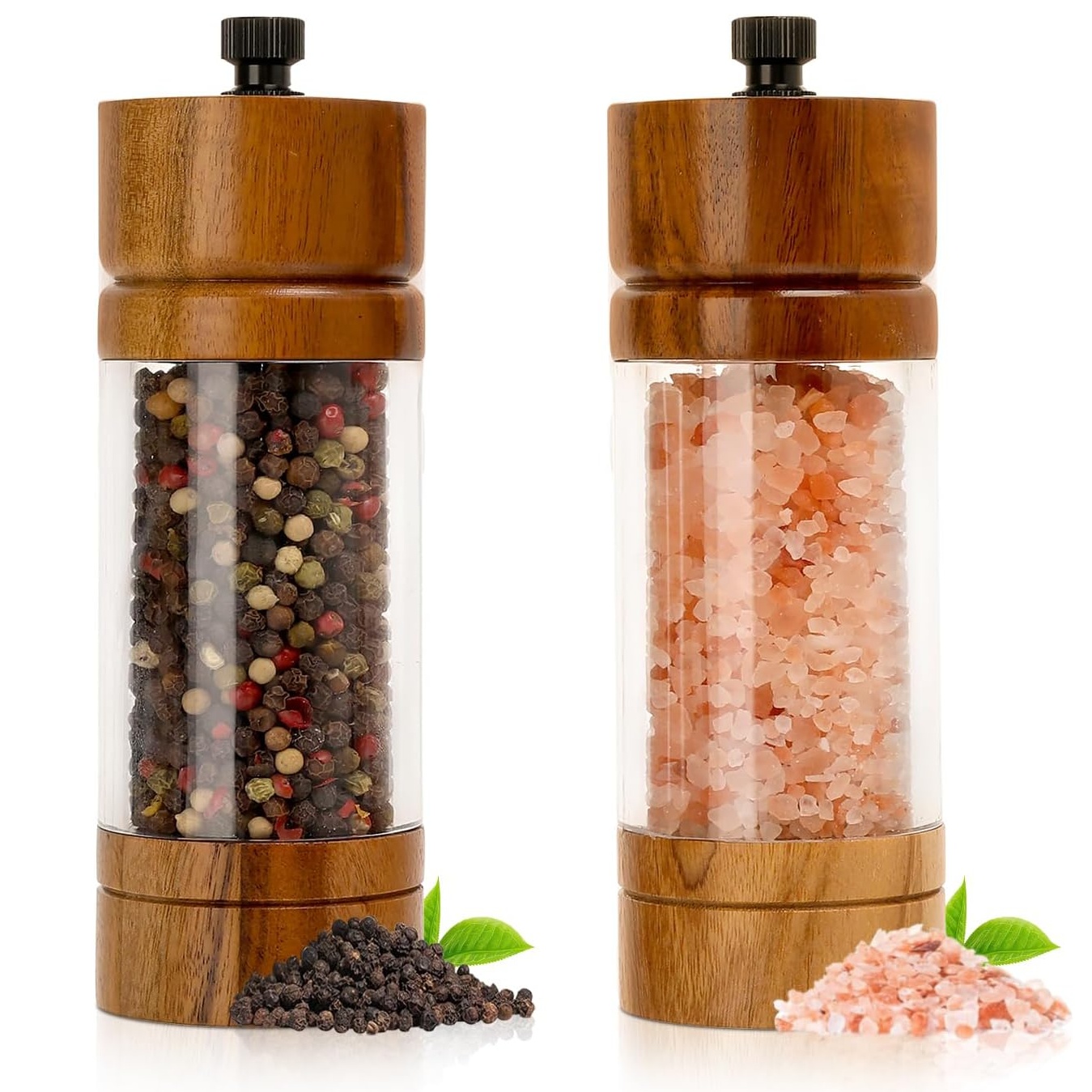 Image of Wooden Grinder The Tool For Grinding Sea Salt And Transparent Acrylic And Ceramic Grinding Mechanism With Manual Adjustment Kitchen Salt And Black Pepper Grinder Set