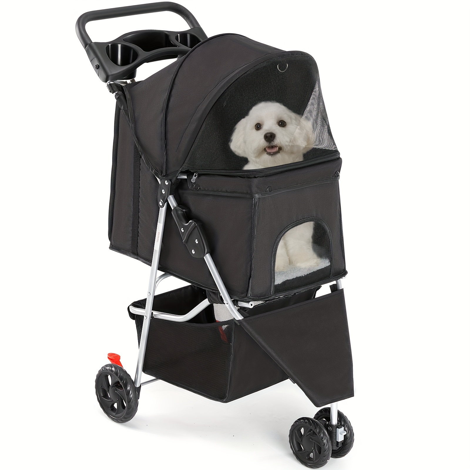 

Olixis Pet Stroller With 3 Wheels: Jogger Stroller For Medium And Small Dogs And Cats, Travel Folding Carrier With Waterproof Design, Cup Holder, And Removable Liner - Black